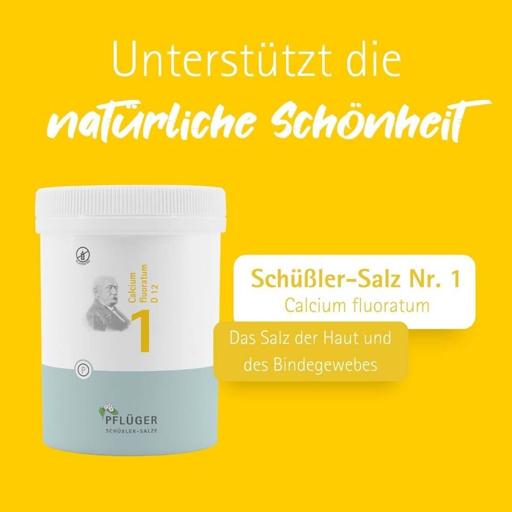 Gelber Hintergrund mit Text. Produkt: Schüßler-Salz Nr. 1 Calcium fluoratum. Text: Das Salz der Haut und des Bindegewebes.