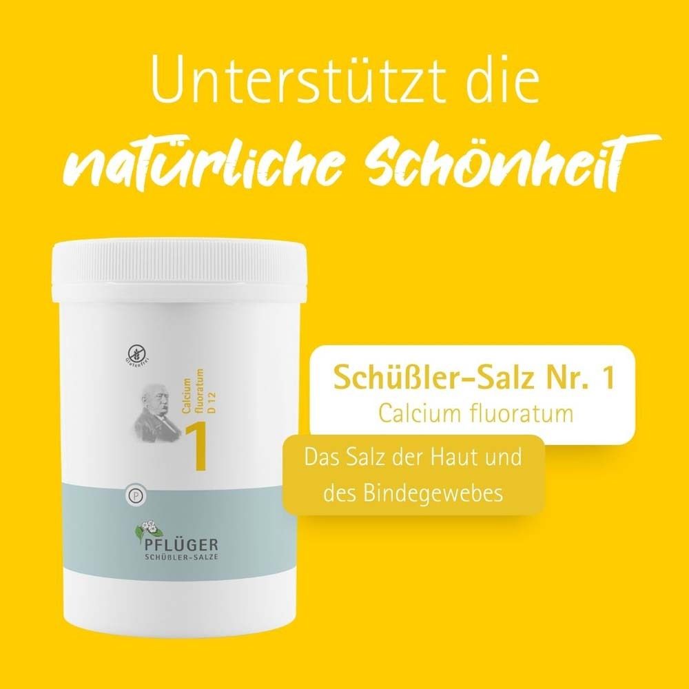 Gelber Hintergrund mit Produktabbildung. Text: Schüßler-Salz Nr. 1 Calcium fluoratum. Das Salz der Haut und des Bindegewebes.