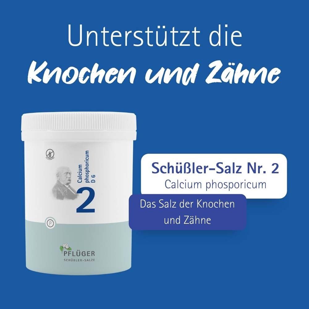 Produktverpackung mit Text: Schüßler-Salz Nr. 2 Calcium phosphoricum. Fördert Knochen und Zähne.