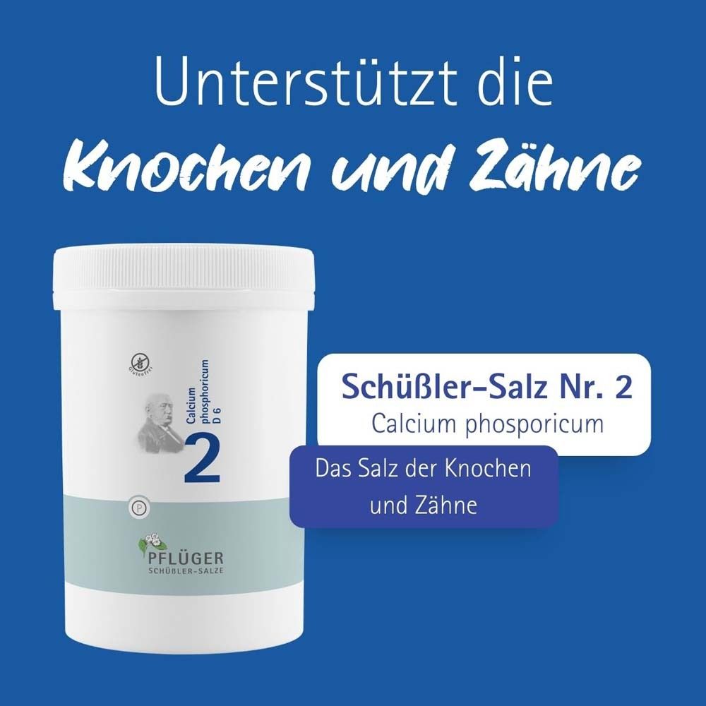 Produktverpackung mit Text: Schüßler-Salz Nr. 2 Calcium phosphoricum. Text auf blauem Hintergrund: Unterstützt Knochen und Zähne.