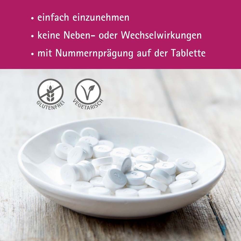 Weiße Tabletten in einer Schale. Text: einfach einzunehmen, keine Nebenwirkungen, mit Nummer.