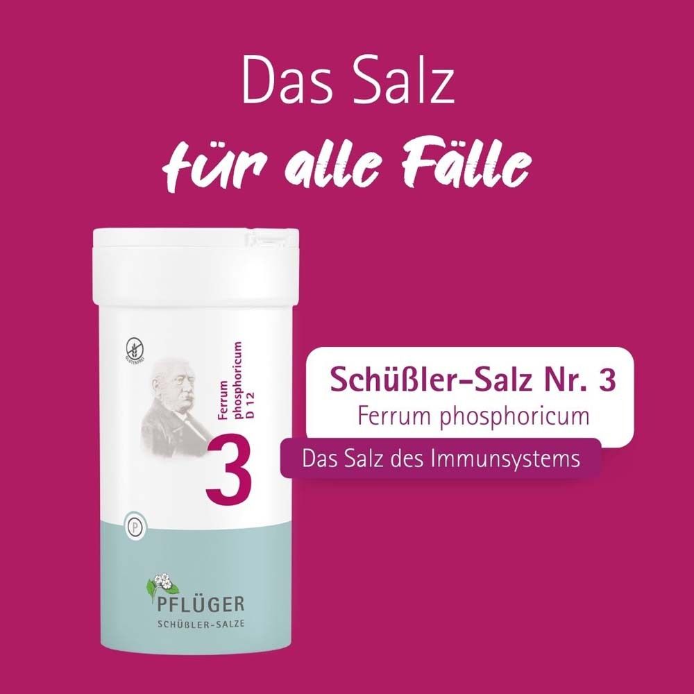 Weiße Tabletten in einer weißen Dose mit Aufdruck. Text: Schüßler-Salz Nr. 3 Ferrum phosphoricum. Das Salz des Immunsystems.