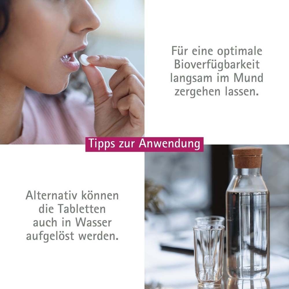 Frau nimmt Tablette ein. Text: Für eine optimale Bioverfügbarkeit langsam im Mund zergehen lassen. Alternativ in Wasser auflösen.
