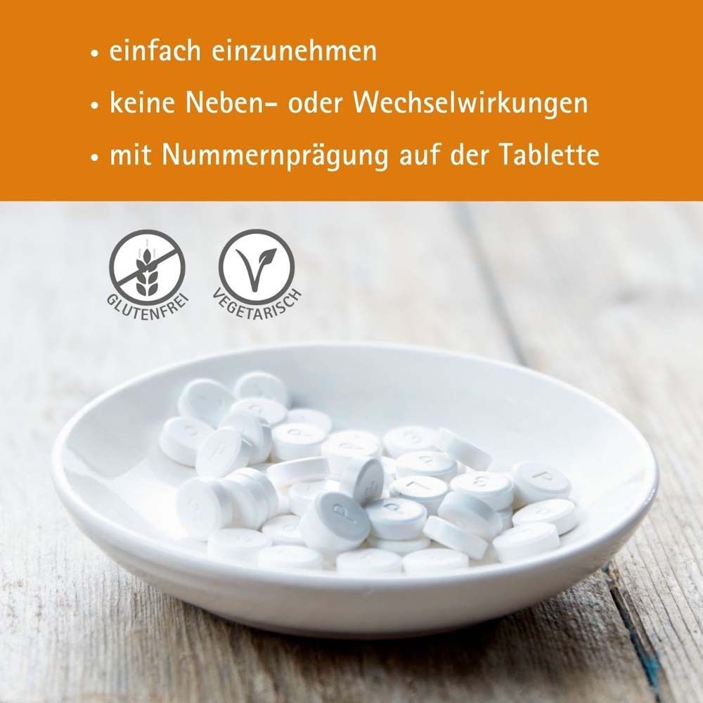 Weiße Tabletten in Schale. Text: einfach einzunehmen, keine Nebenwirkungen, mit Nummer.