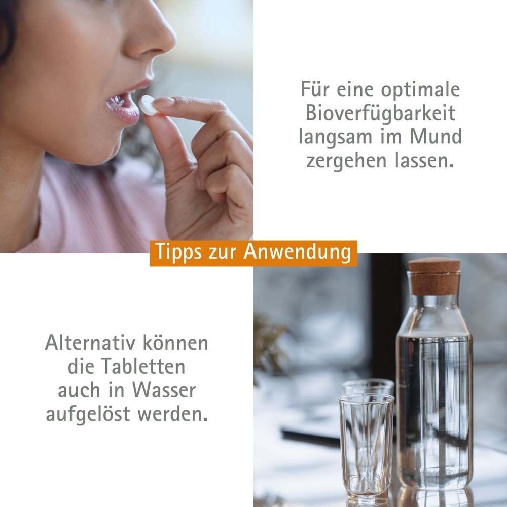Frau nimmt Tablette. Text: Für optimale Bioverfügbarkeit langsam im Mund zergehen lassen. Alternativ in Wasser auflösen.