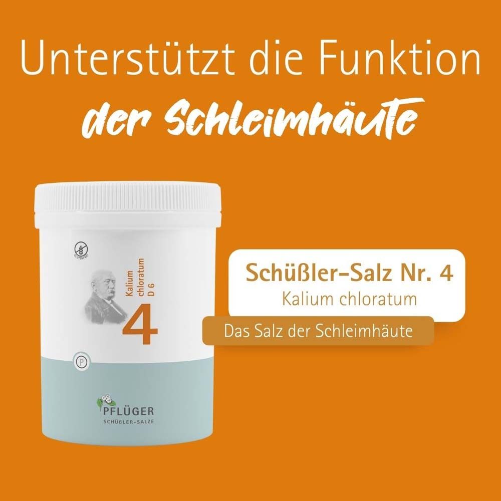 Produktverpackung mit Text: Schüßler-Salz Nr. 4 Kalium chloratum. Das Salz der Schleimhäute. Hintergrund orange.
