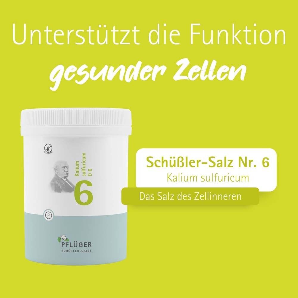Behälter mit Aufschrift: Schüßler-Salz Nr. 6, Kalium sulfuricum. Text: Unterstützt die Funktion gesunder Zellen.