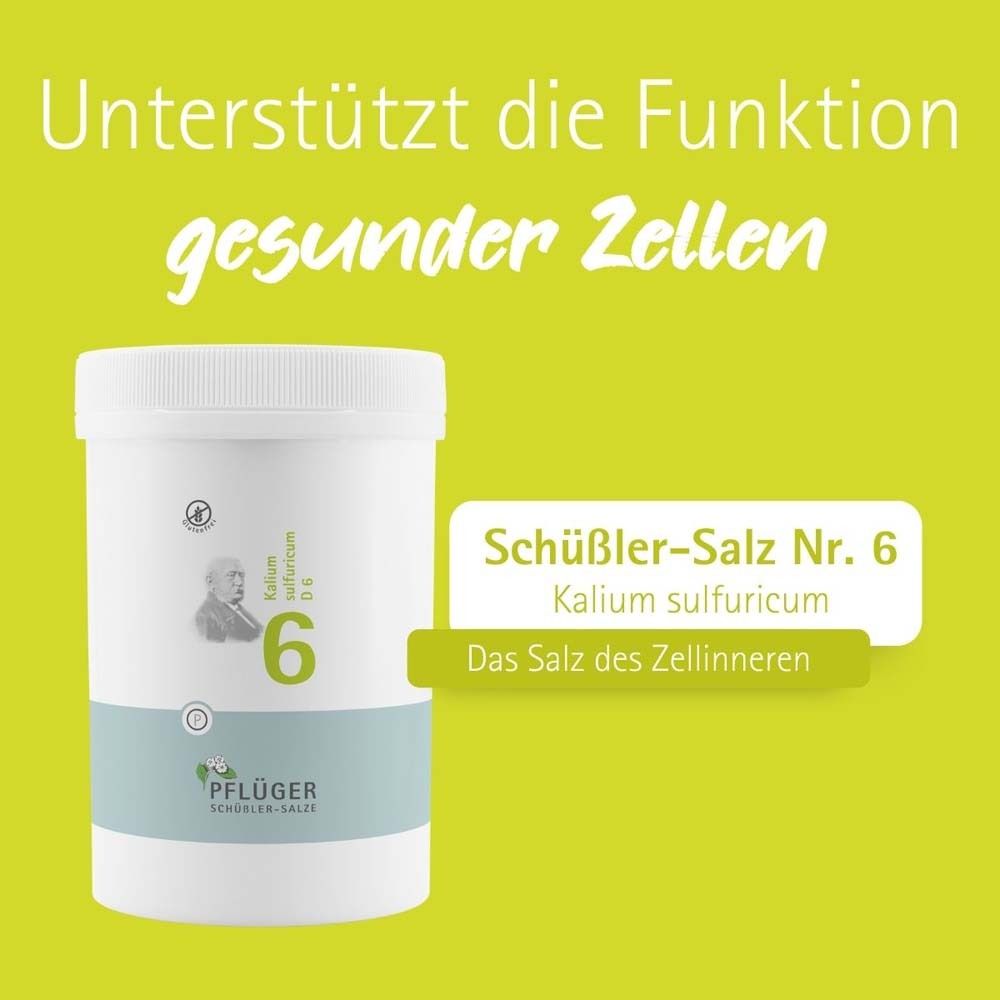 Weißer Behälter mit Deckel. Aufschrift: Schüßler-Salz Nr. 6, Kalium sulfuricum, 6. Text auf grünem Hintergrund.