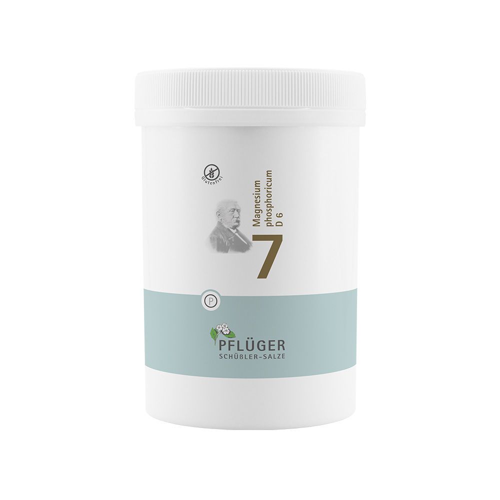 Weißer Behälter mit Deckel. Aufdruck: 7, Magnesium phosphoricum D6, Pflüger. Glutenfrei-Siegel.
