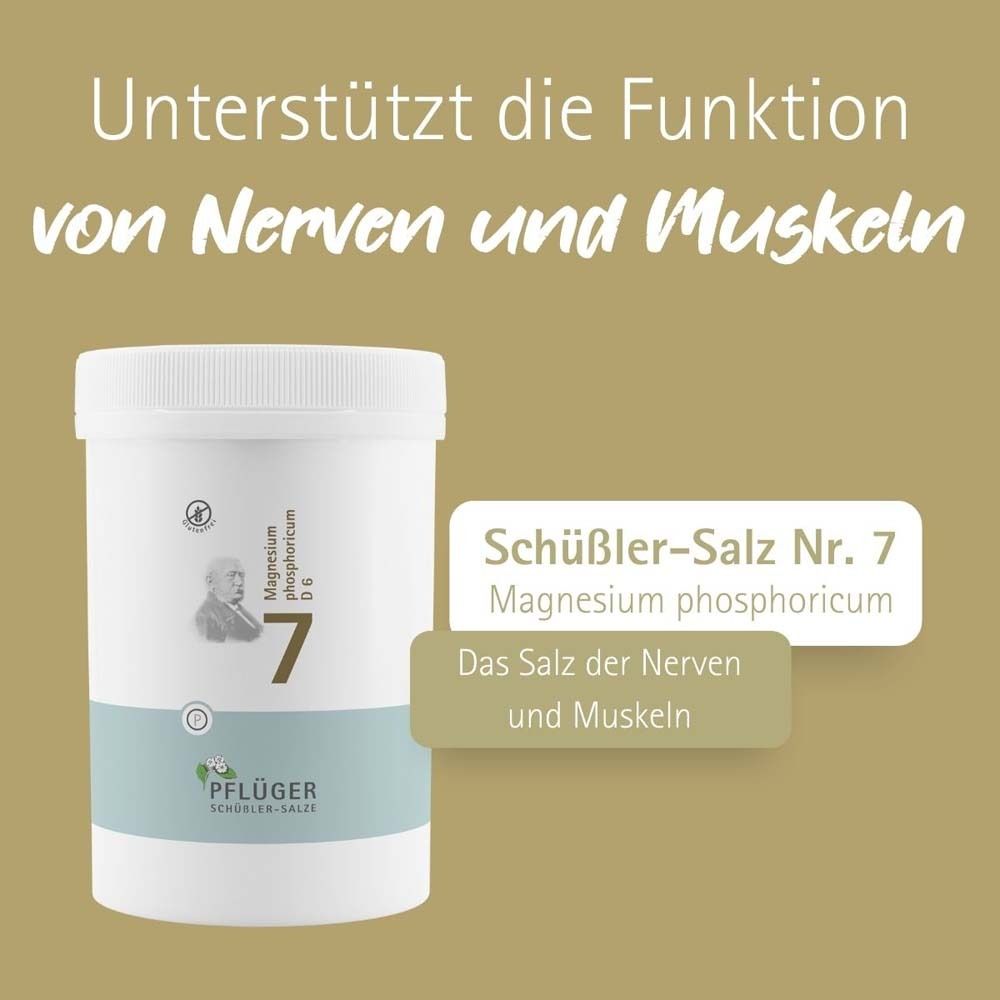 Produkt-Behälter neben Text. Text: Schüßler-Salz Nr. 7 Magnesium phosphoricum. Das Salz der Nerven und Muskeln.