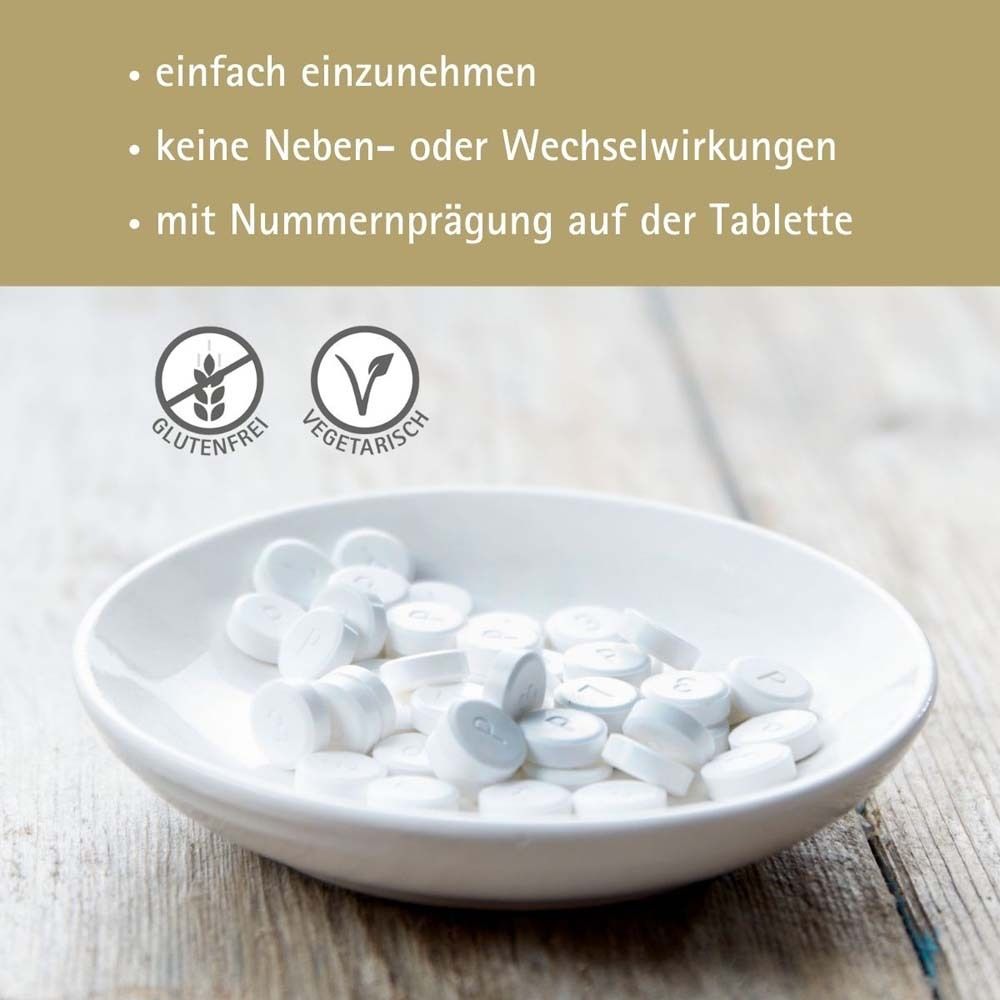 Tabletten in weißer Schale. Siegel: glutenfrei, vegetarisch. Text: einfach einzunehmen, keine Nebenwirkungen.