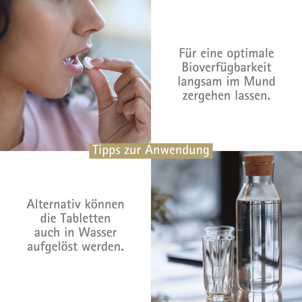 Frau nimmt Tablette. Text: Tabletten in Wasser auflösen. Tipps zur Anwendung. Flasche und Glas.
