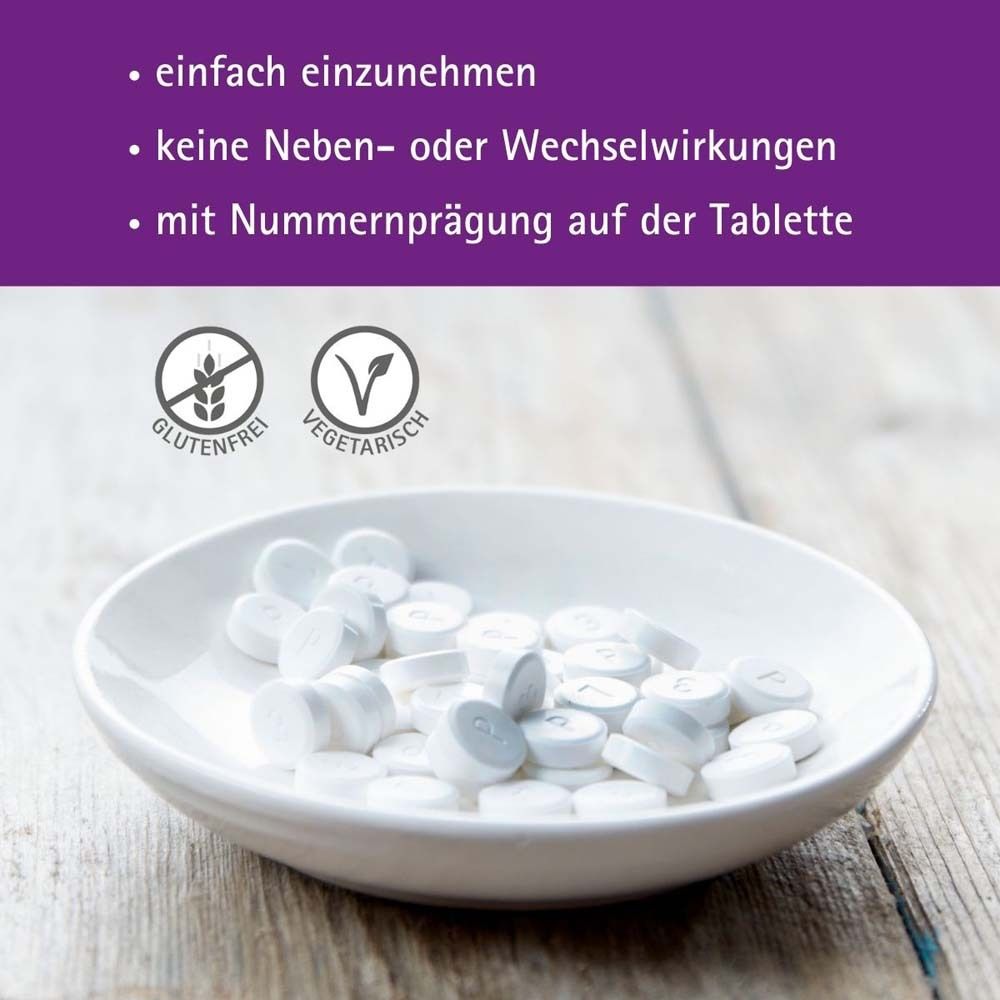 Tabletten in Schale. Text: einfach einzunehmen, keine Nebenwirkungen, mit Nummernpraegung.