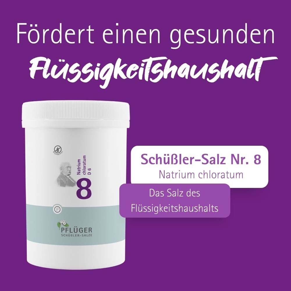 Produktverpackung mit Text: Schüßler-Salz Nr. 8 Natrium chloratum. Fördert einen gesunden Flüssigkeitshaushalt.