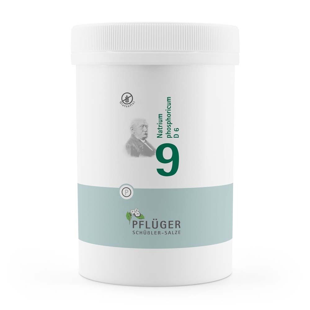 Weißer Behälter mit Deckel. Aufschrift: Natrium phosphoricum D6, Nummer 9, Pflüger Schüßler-Salze. Glutenfrei-Symbol.