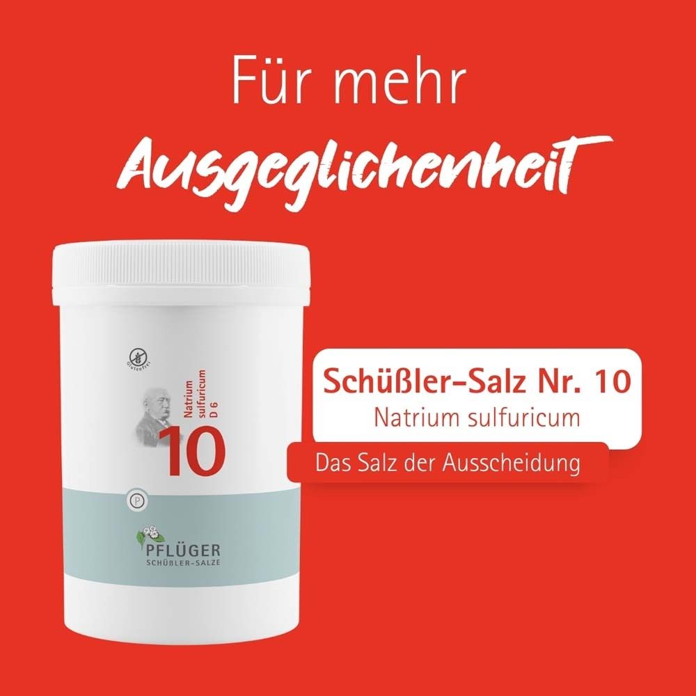 Produktverpackung auf rotem Hintergrund. Text: Schüßler-Salz Nr. 10 Natrium sulfuricum. Das Salz der Ausscheidung.