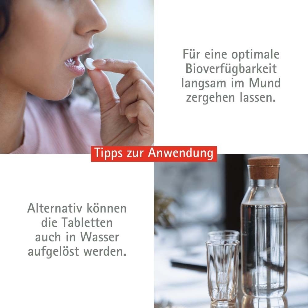 Frau nimmt Tablette. Text: Tabletten langsam im Mund zergehen lassen. Alternativ in Wasser auflösen.
