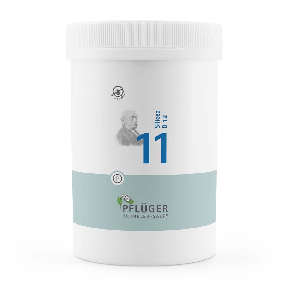 Weiße Dose mit blauem Etikett. Aufschrift: Silica D12, 11, Pflüger Schüßler-Salze. Glutenfrei-Symbol.