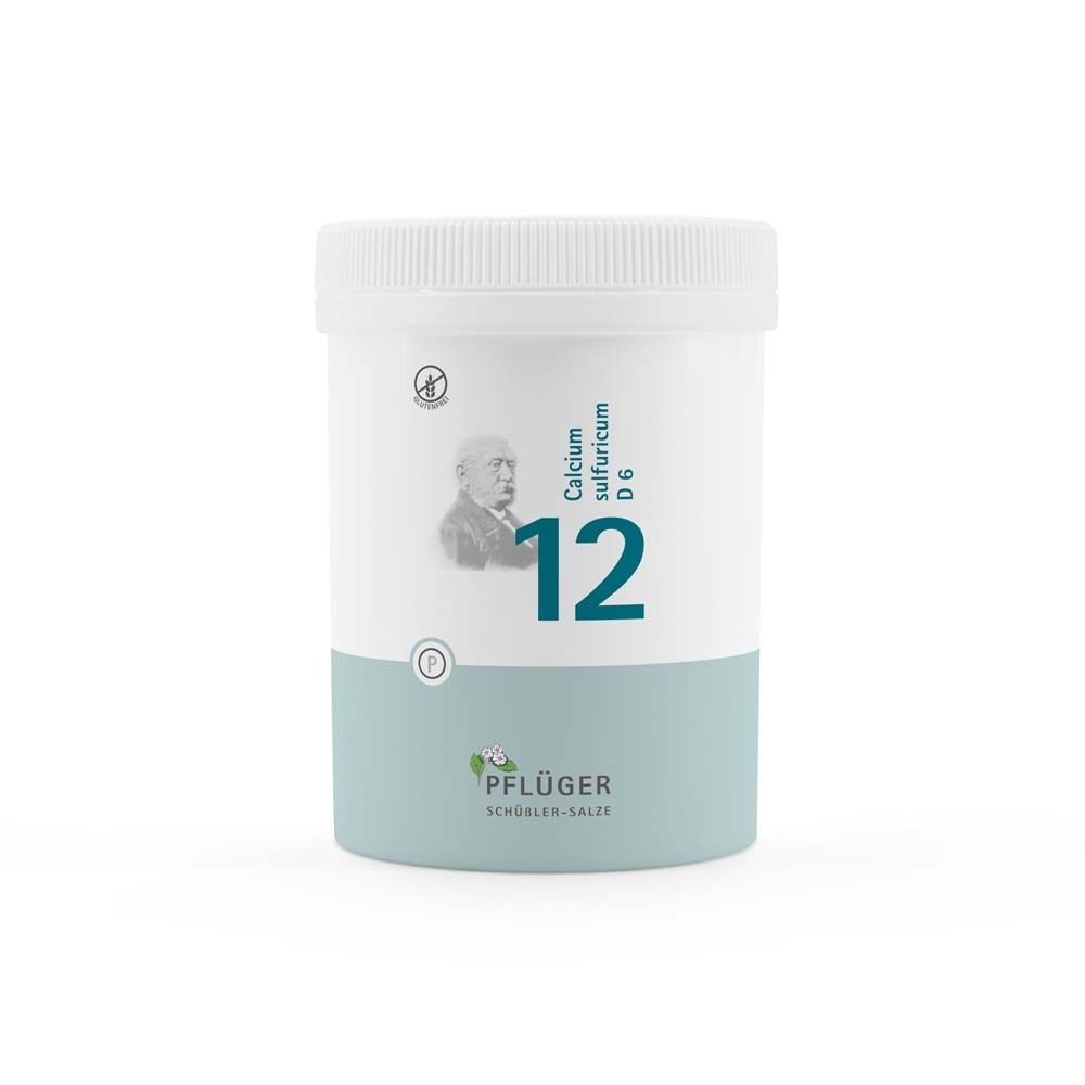 Weißer Behälter mit blauem Boden. Aufschrift: Calcium sulfuricum D6 12. Marke: Pflüger Schüßler-Salze. Glutenfrei.