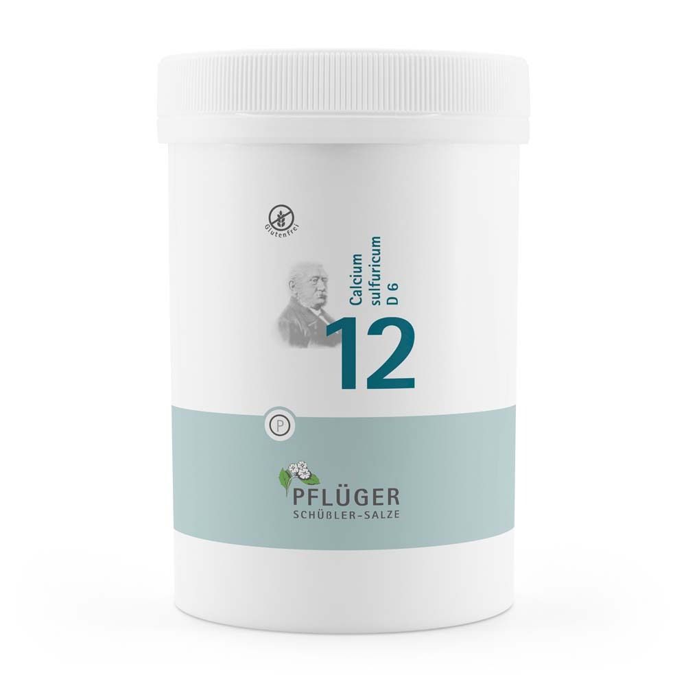Weißer Behälter mit Deckel. Aufschrift: Calcium sulfuricum D6, 12, Pflüger Schüßler-Salze. Glutenfrei-Zeichen.