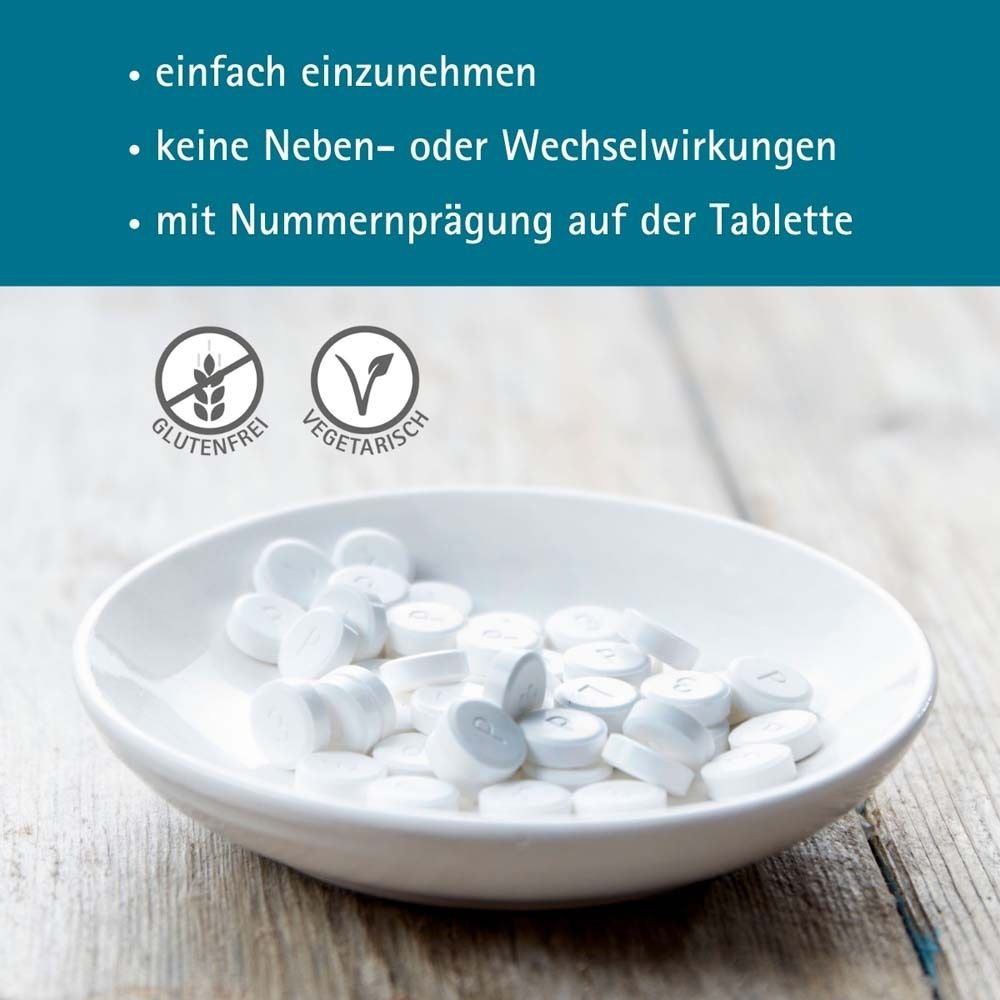 Weiße Tabletten in einer Schale. Text: einfach einzunehmen, keine Nebenwirkungen, mit Nummer auf der Tablette. Glutenfrei und vegetarisch.