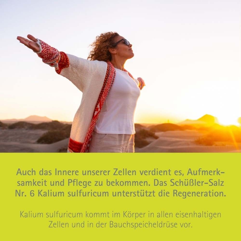 Frau mit ausgebreiteten Armen in der Natur. Text: Schüßler-Salz Nr. 6 Kalium sulfuricum unterstützt die Regeneration.