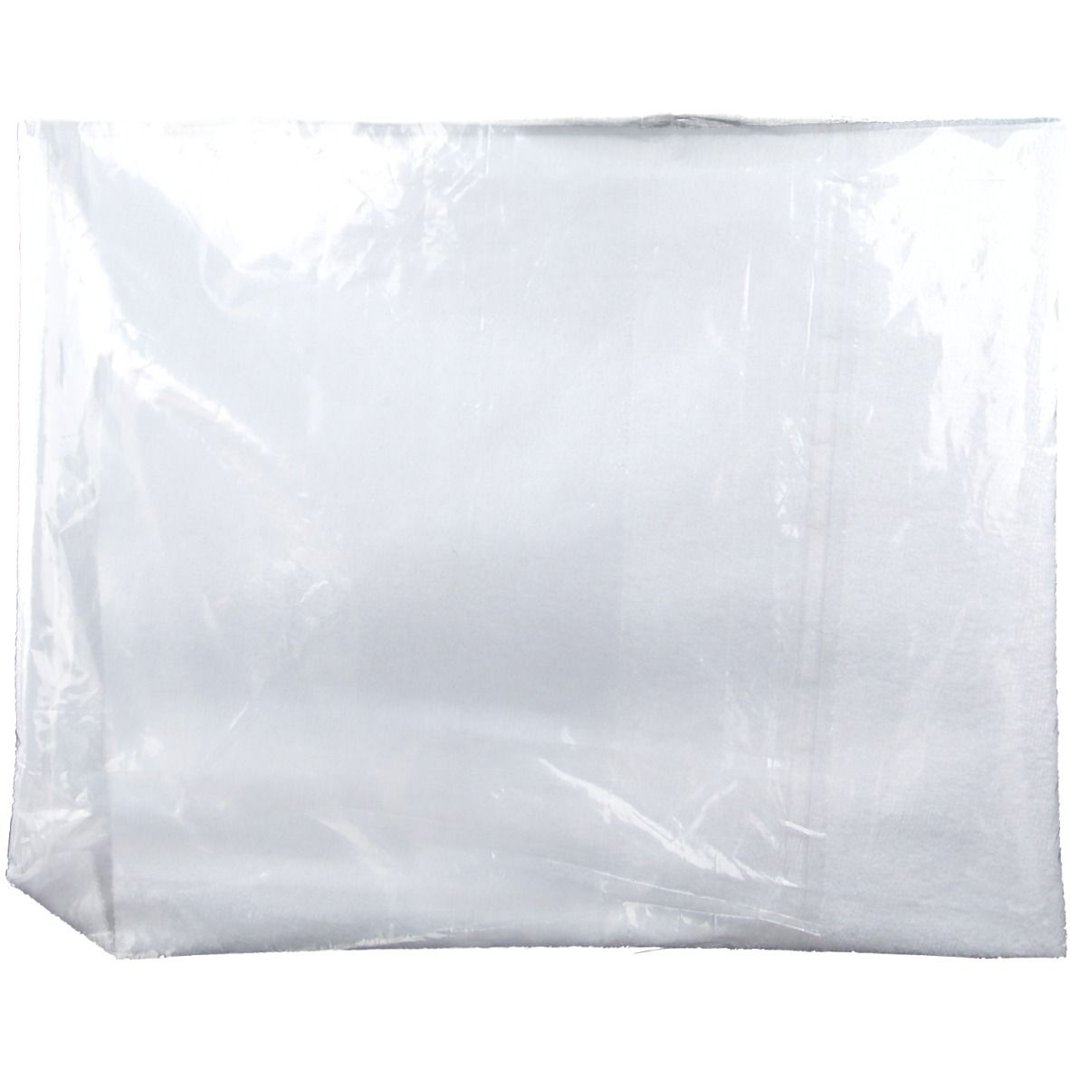 Transparente Verpackung mit weißem Inhalt. Produkt nicht vollständig sichtbar. Rechteckige Form.