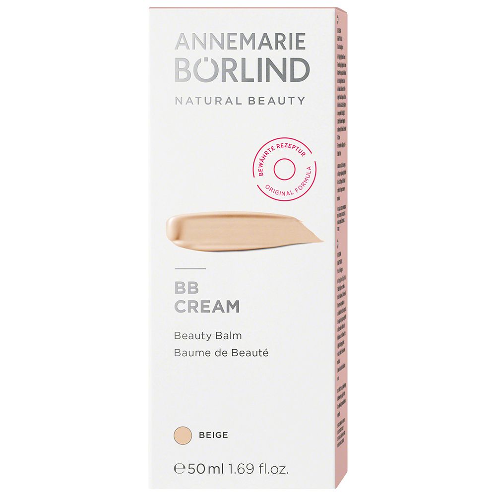 Verpackung der BB Cream. Marke: ANNEMARIE BÖRLIND. Text: BB CREAM, Beauty Balm. Farbton: Beige. Produktprobe.