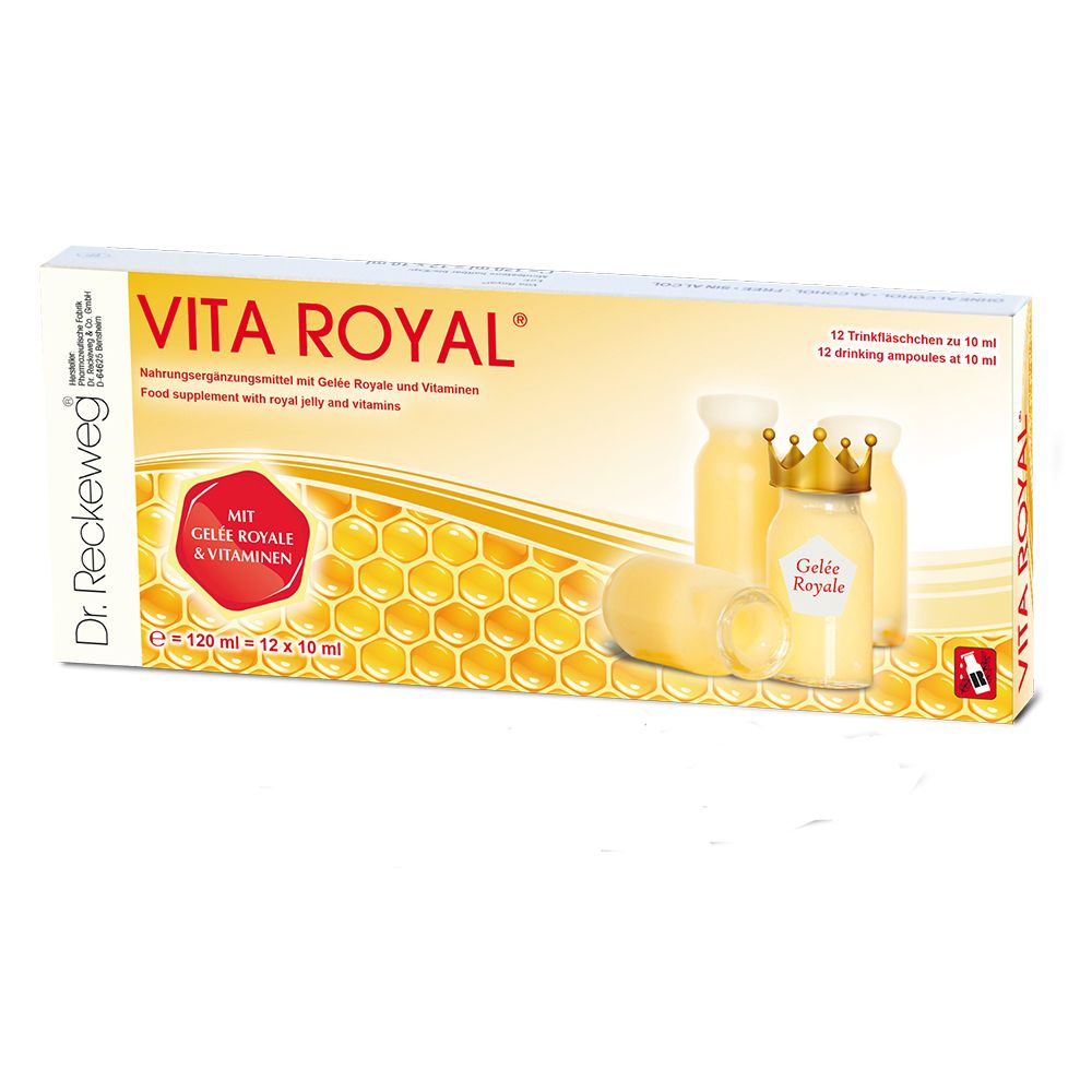 Vita Royal® Trinkampullen-Packung. 12 Trinkampullen, 120 ml. Gelée Royale und Vitamine. Produktabbildung.