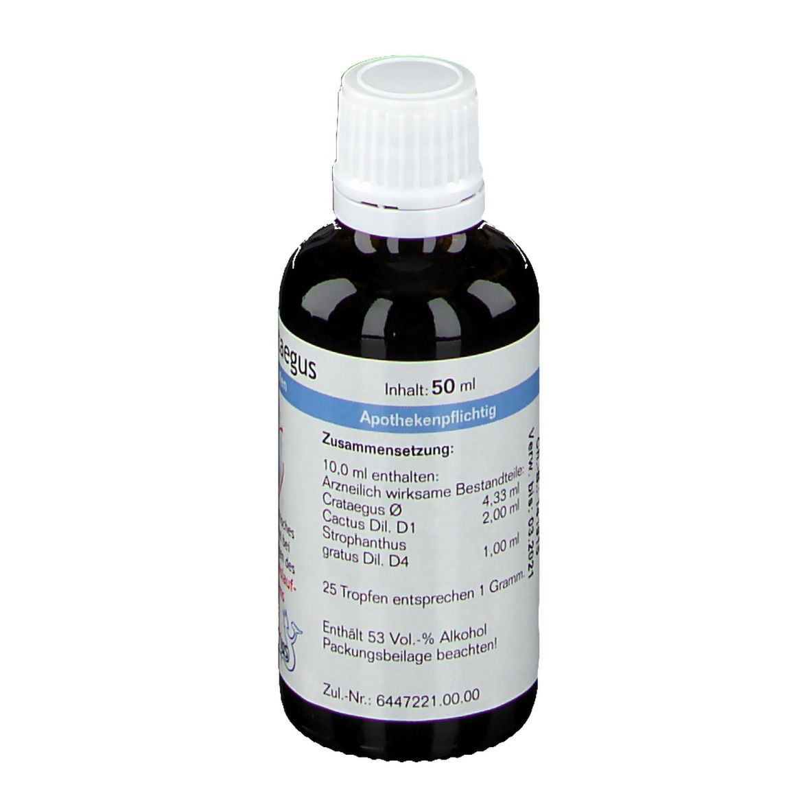 Braune Flüssigkeit in einer Flasche mit weißem Deckel. Beschriftung: Infi-Crataegus Tropfen. Enthält 50 ml. Apothekenpflichtig.