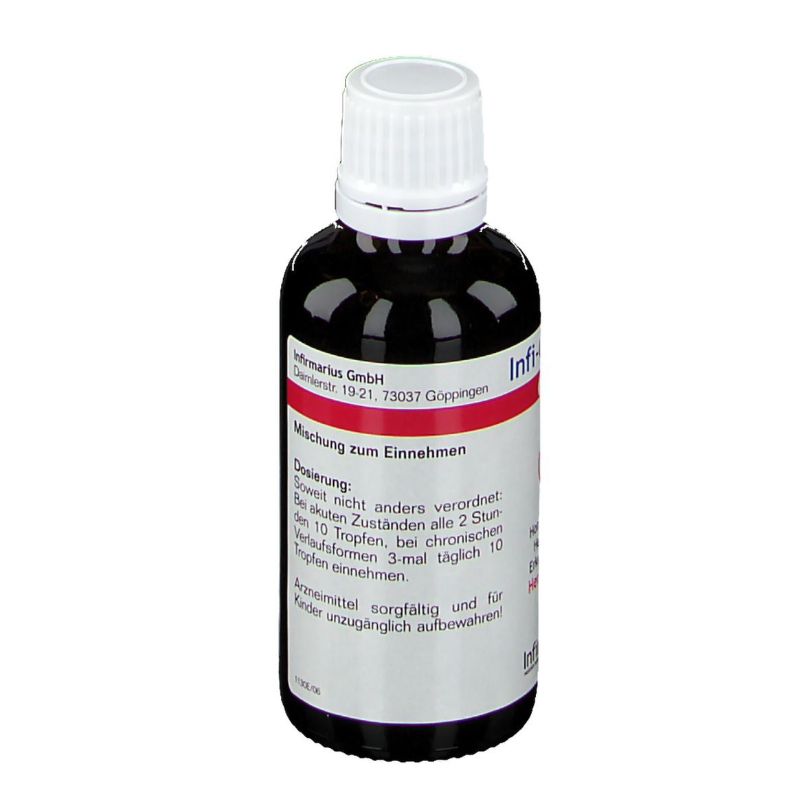 Braune Flüssigkeit in einer Flasche mit weißem Deckel. Beschriftung: Infi-Crataegus Tropfen. Dosierungsanleitung.