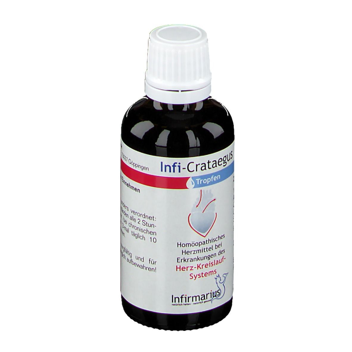 Braune Flüssigkeit in einer Flasche mit weißem Deckel. Beschriftung: Infi-Crataegus Tropfen. Logo: Herz-Kreislauf-System.