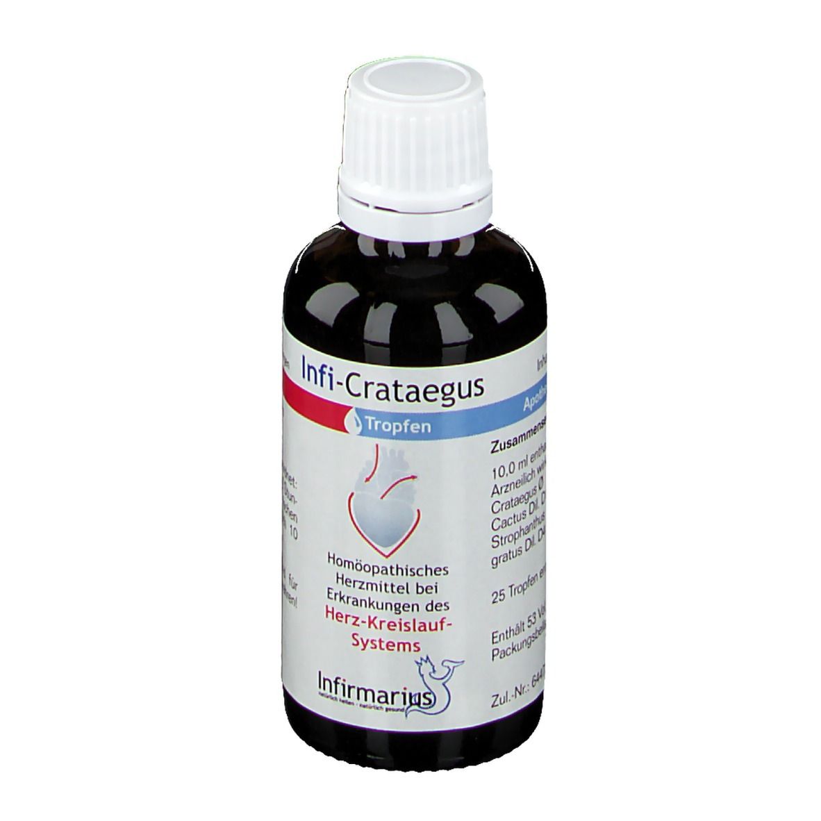 Braune Flüssigkeit in einer Flasche mit weißem Deckel. Beschriftung: Infi-Crataegus Tropfen. Zusammensetzung.