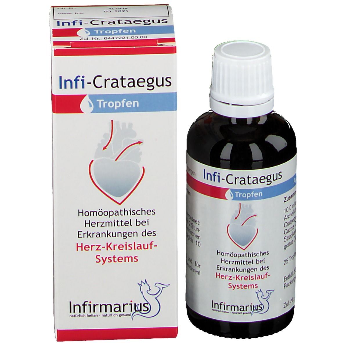 Flasche und Schachtel. Beschriftung: Infi-Crataegus Tropfen. Logo: Herz-Kreislauf-System. Schachtel mit Produktinformationen.