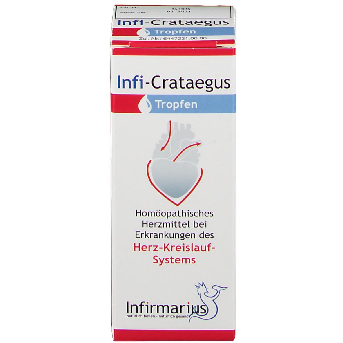 Schachtel. Beschriftung: Infi-Crataegus Tropfen. Logo: Herz-Kreislauf-System. Produktinformationen.