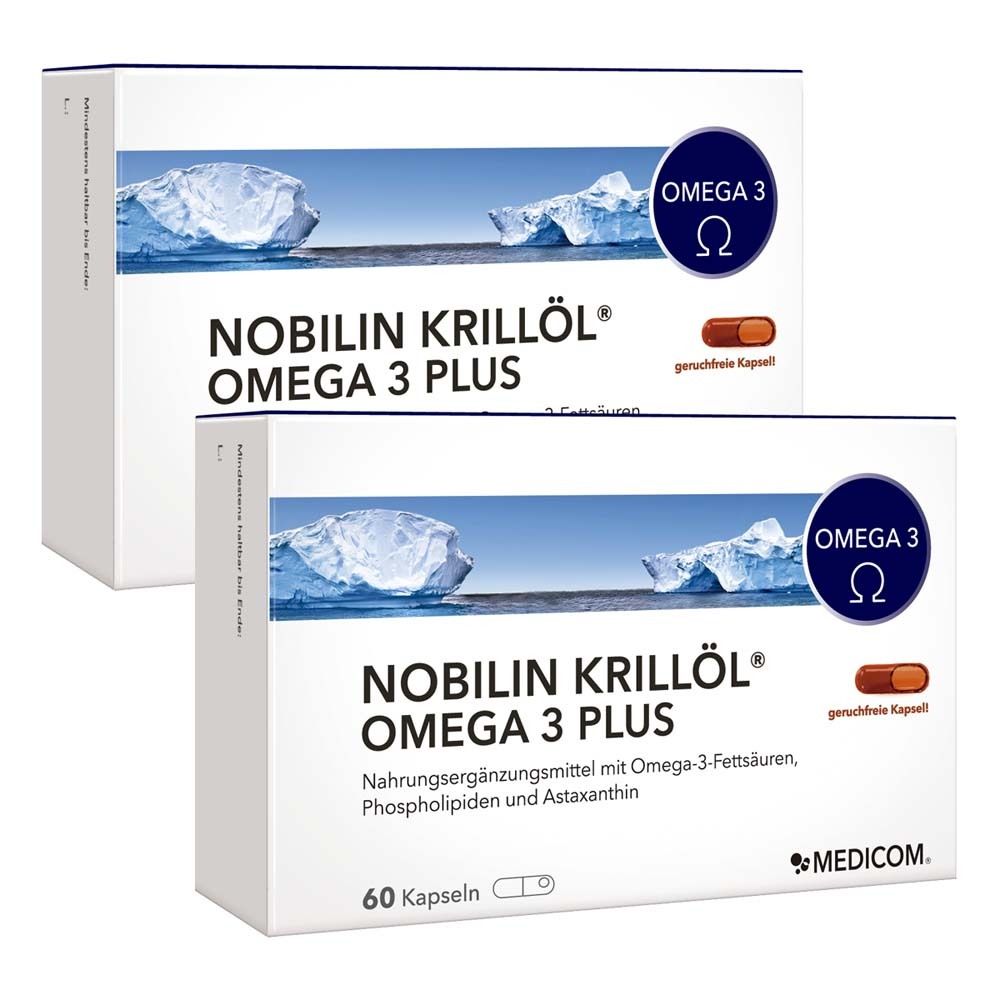 Zwei weiße Kartons mit NOBILIN KRILLÖL OMEGA 3 PLUS. Aufdruck: Omega 3, 60 Kapseln, und eine Abbildung eines Eisbergs.