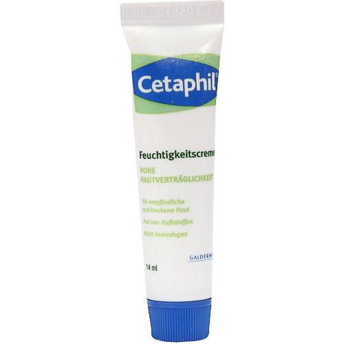 Weiße Tube mit blauem Deckel. Aufschrift Cetaphil, Feuchtigkeitscreme, für empfindliche und trockene Haut. 14 ml.