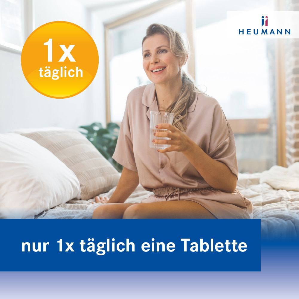 Frau im Bett mit Glas Wasser. Text: nur 1x täglich eine Tablette. Packung Pantoprazol Heumann.