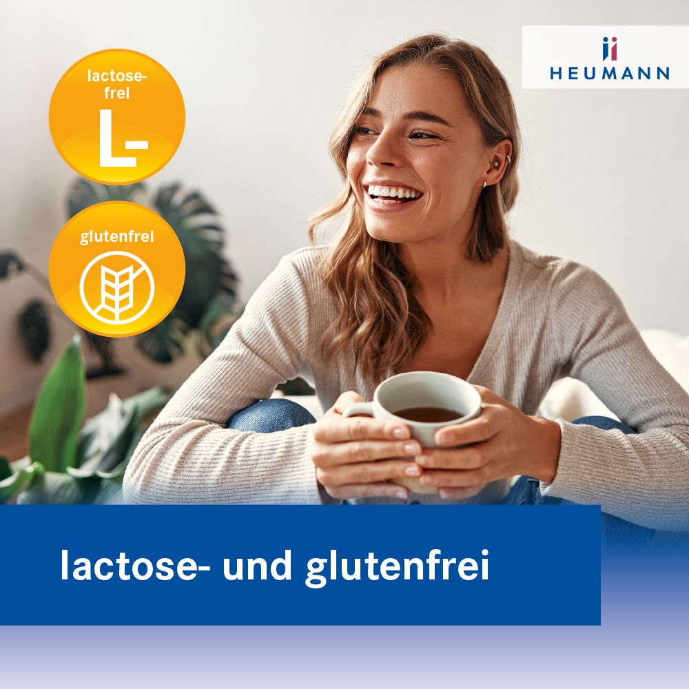 Frau mit Tasse. Logos: lactosefrei, glutenfrei. Text: lactose- und glutenfrei. Packung Pantoprazol Heumann.