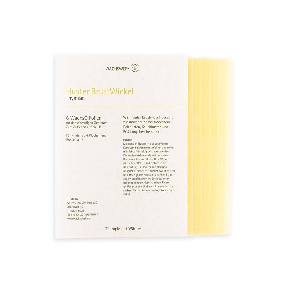 Produkt: HustenBrustWickel Thymian. 6 WachsÖlFolien. Verpackung mit Produktinformationen. Marke: Wachswerk.