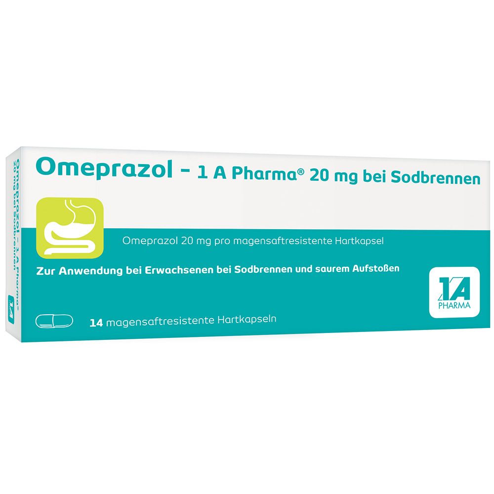 Omeprazol - 1 A Pharma® 20 mg bei Sodbrennen. Verpackung mit 14 magensaftresistenten Hartkapseln. Logo: Magen.
