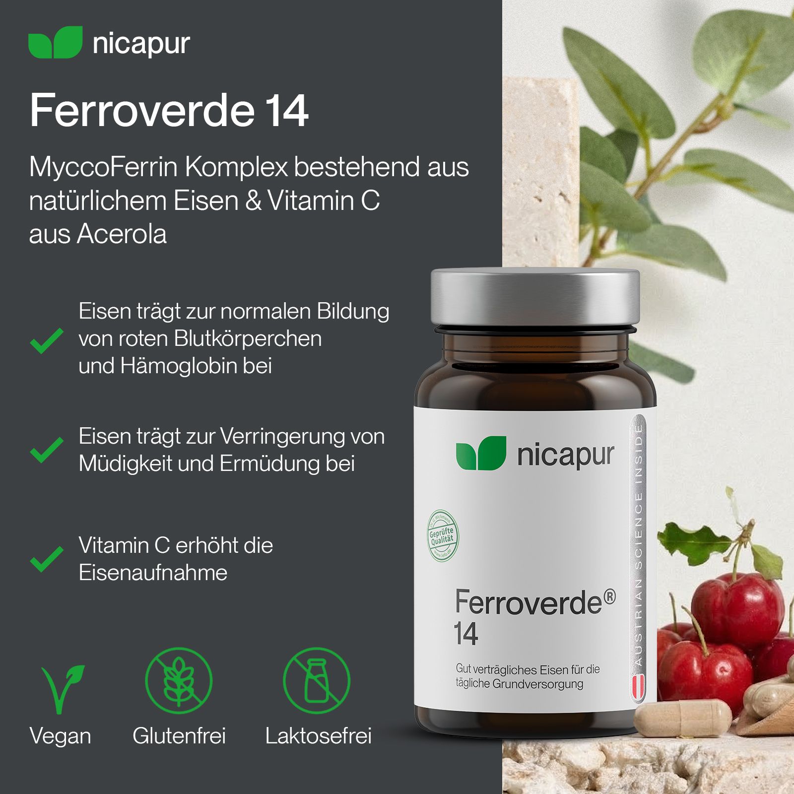 Flasche NicaPur Ferroverde 14 mit Eisen und Vitamin C, vegan, glutenfrei, laktosefrei.