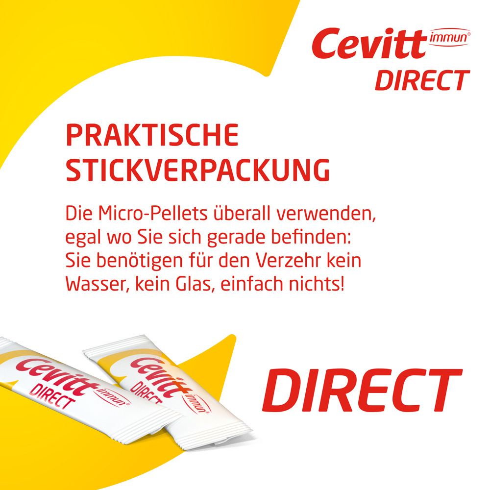 Text über praktische Stickverpackung. Micro-Pellets ohne Wasser einnehmen.