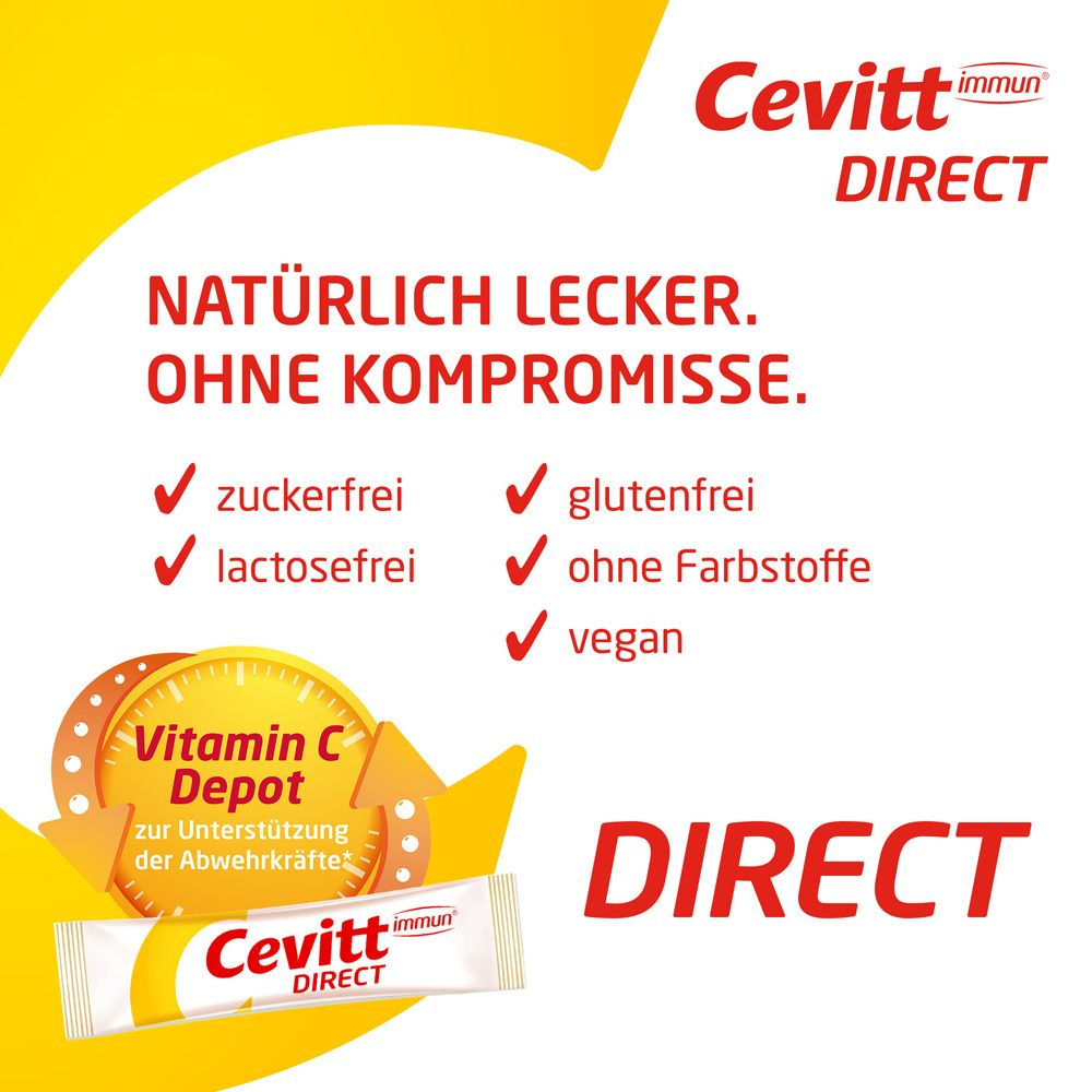 Text: Zuckerfrei, glutenfrei, lactosefrei, ohne Farbstoffe, vegan. Mit Vitamin C Depot.