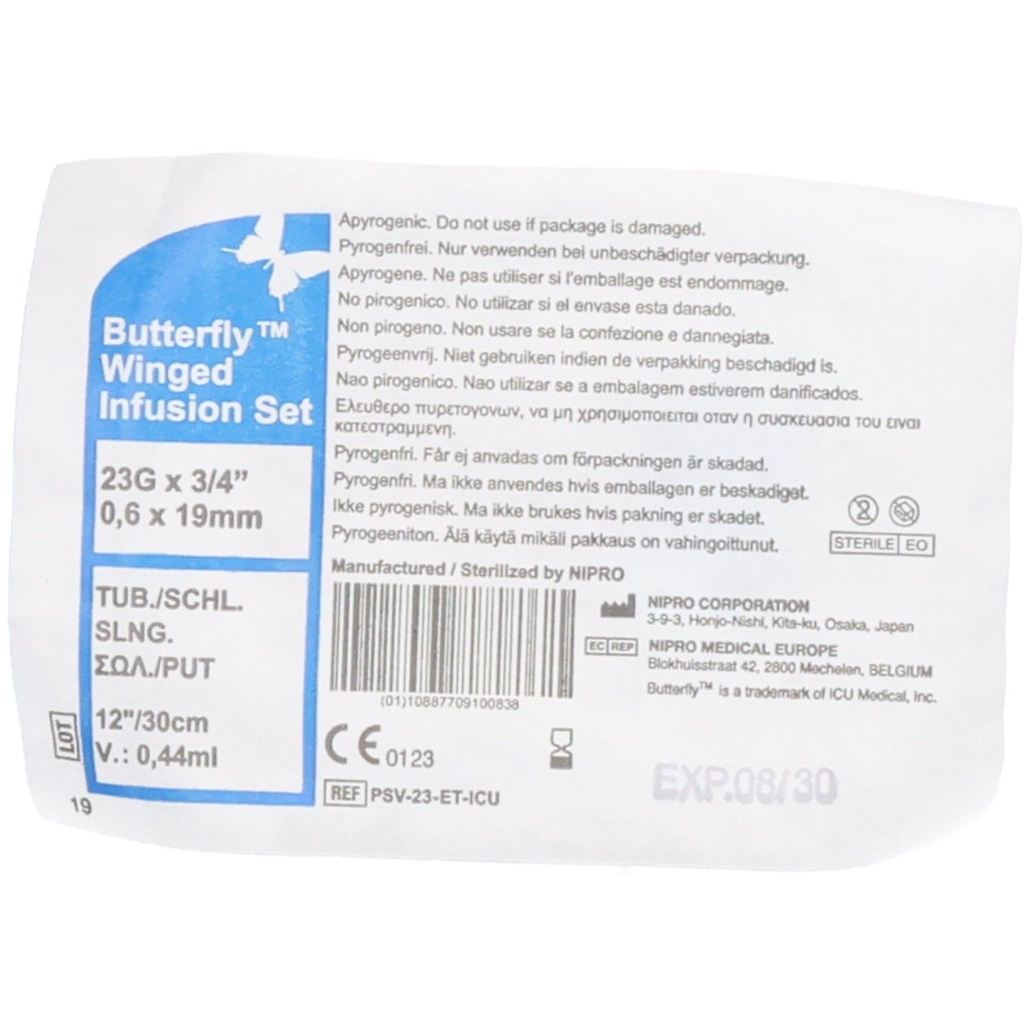 Verpackung mit Produktinformationen. Text: Butterfly Winged Infusion Set, 23G x 3/4", 0,6 x 19mm, sterile.