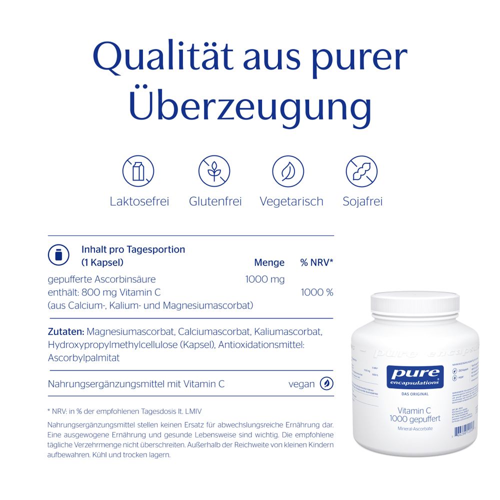 Vitamin C 1000 gepuffert. Inhaltsstoffe, Nährwertangaben, vegan. Weiße Flasche mit blauem Etikett.