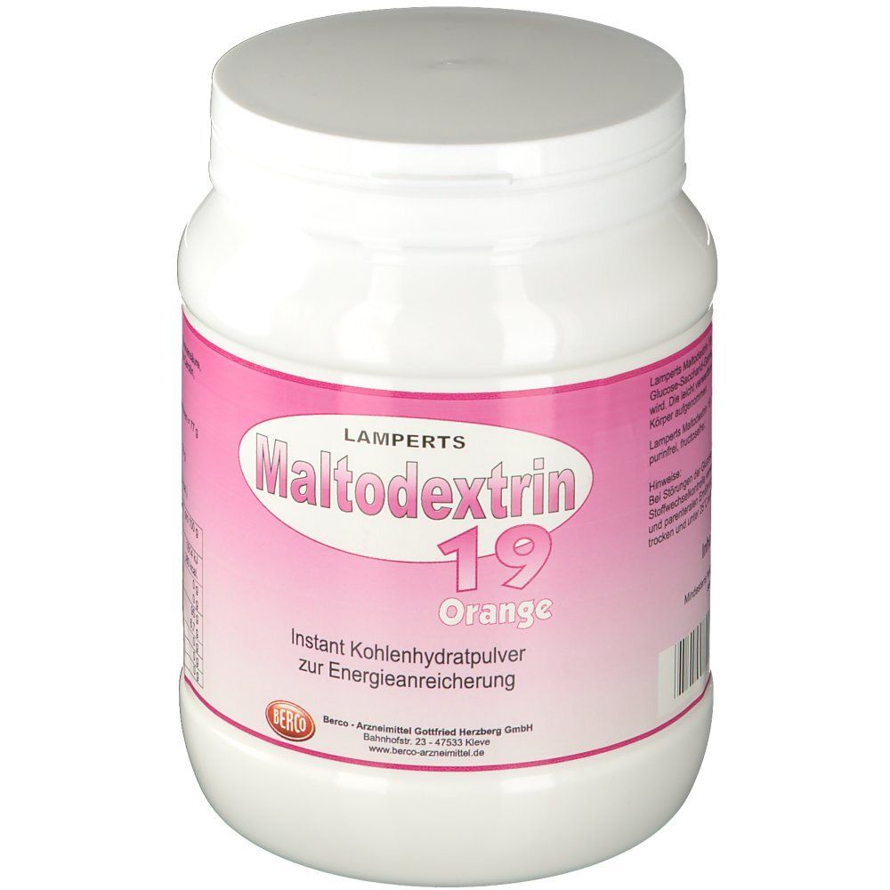 Weißes Kunststoffgefäß mit Schraubverschluss. Rosa Etikett mit Schriftzug Maltodextrin 19 Orange und Produktinformationen. Berco Logo.