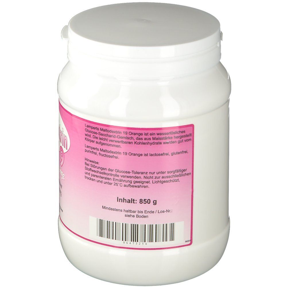 Weißes Kunststoffgefäß mit Schraubverschluss. Rosa Etikett mit Produktinformationen. Text über Inhaltsstoffe und Hinweise. Barcode.