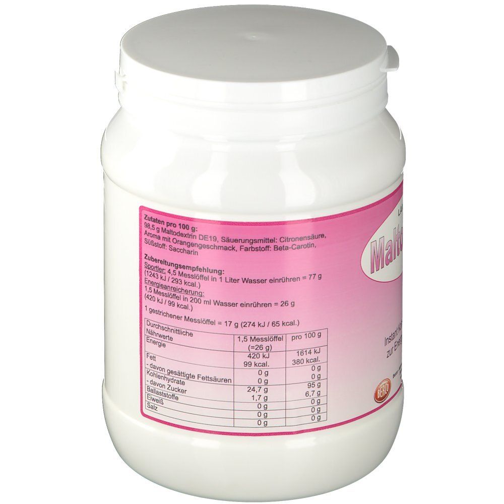 Weißes Kunststoffgefäß mit Schraubverschluss. Rosa Etikett mit Produktinformationen. Text über Nährwerte und Zutaten. Messlöffel-Angaben.