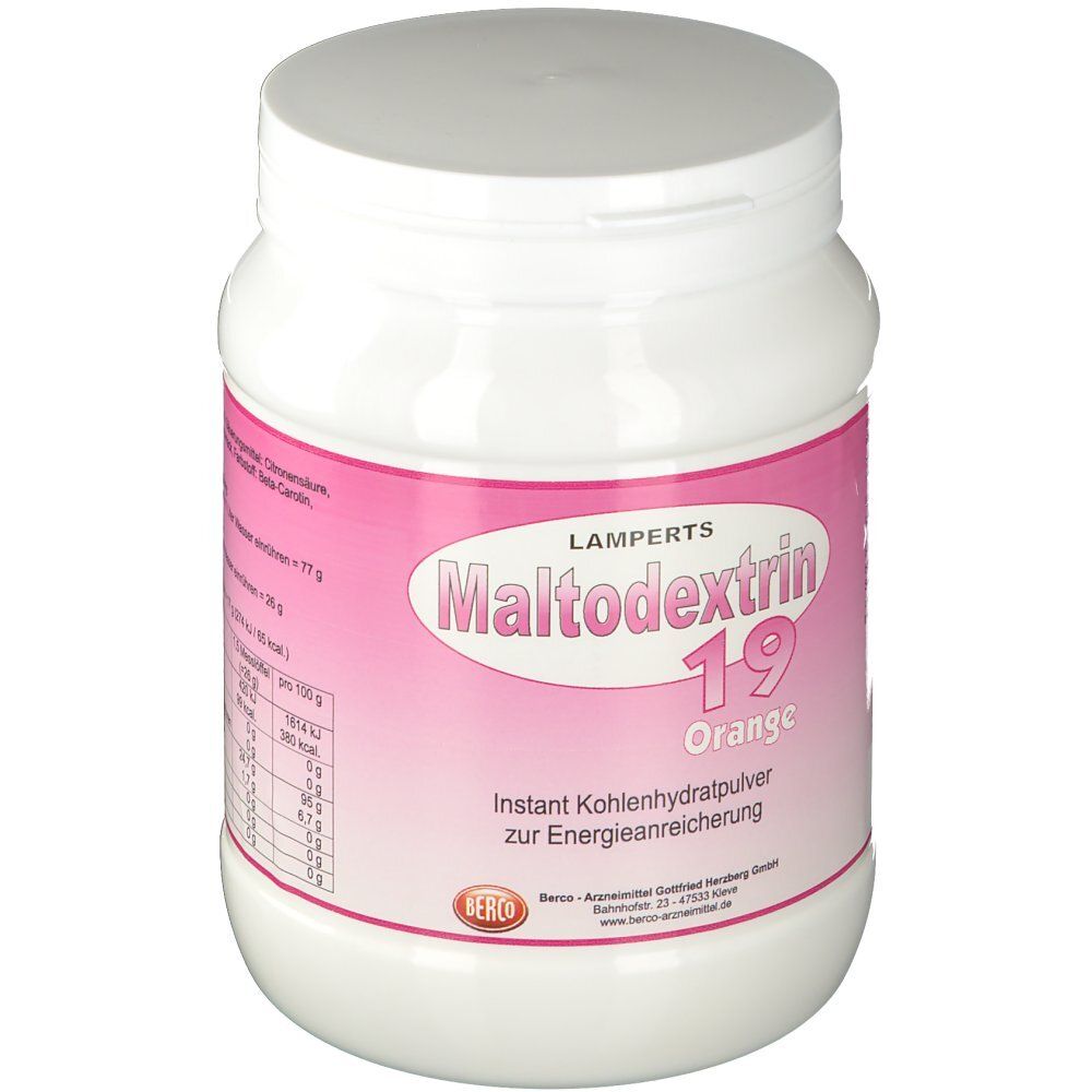 Weißes Kunststoffgefäß mit Schraubverschluss. Rosa Etikett mit Schriftzug Maltodextrin 19 Orange. Produktinformationen und Berco Logo.
